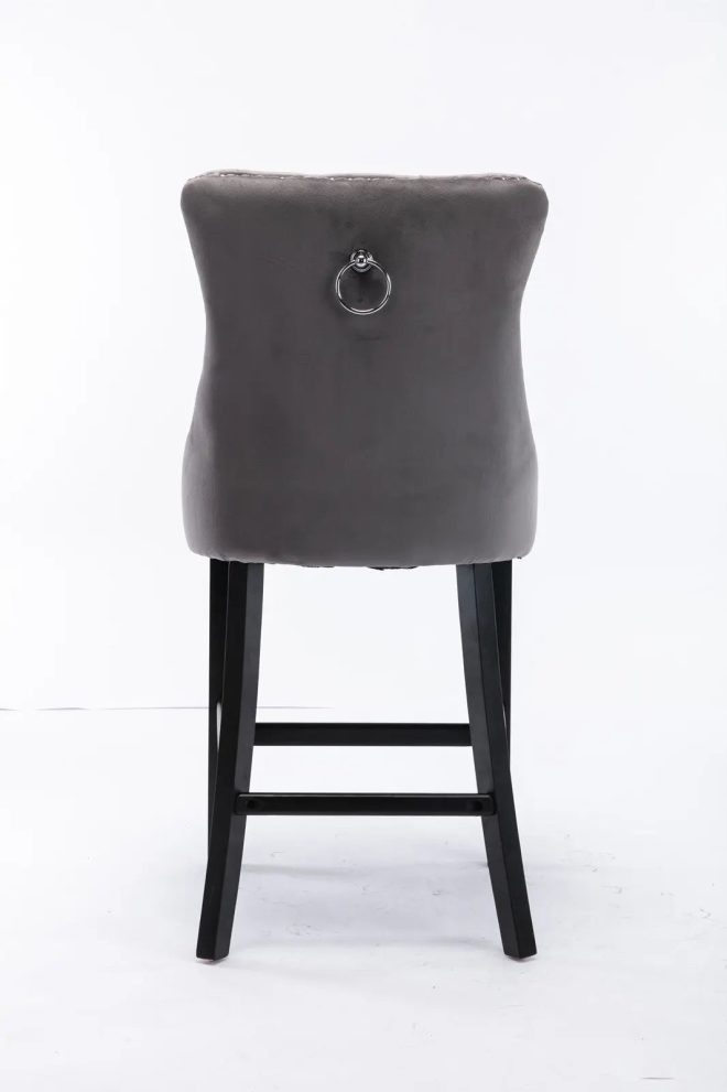 2X Velvet Bar Stools with Studs Trim Wooden Legs Tufted Dining Chairs Kitchen – Grey