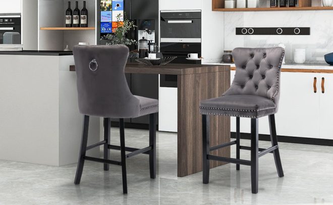 2X Velvet Bar Stools with Studs Trim Wooden Legs Tufted Dining Chairs Kitchen – Grey