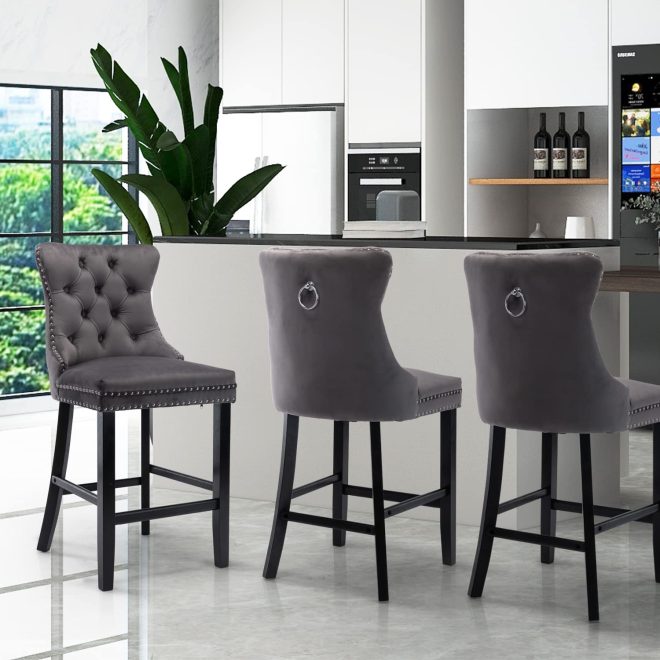 2X Velvet Bar Stools with Studs Trim Wooden Legs Tufted Dining Chairs Kitchen – Grey