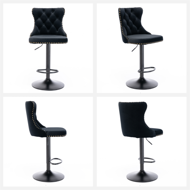 2x Height Adjustable Swivel Bar Stool Velvet Nailhead Barstool with Footrest – Black