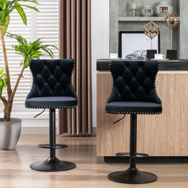 2x Height Adjustable Swivel Bar Stool Velvet Nailhead Barstool with Footrest – Black