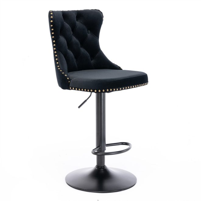 2x Height Adjustable Swivel Bar Stool Velvet Nailhead Barstool with Footrest – Black