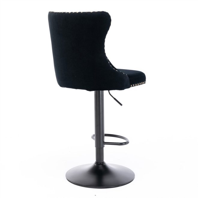 2x Height Adjustable Swivel Bar Stool Velvet Nailhead Barstool with Footrest – Black