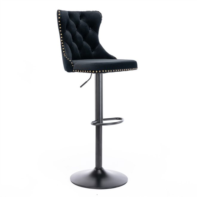 2x Height Adjustable Swivel Bar Stool Velvet Nailhead Barstool with Footrest – Black