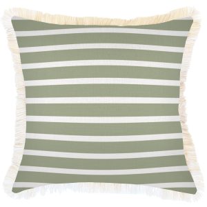 Cushion Cover-Coastal Fringe Natural-Hampton Stripe Sage – 45×45 cm