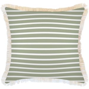 Cushion Cover-Coastal Fringe Natural-Hampton Stripe Sage – 60×60 cm