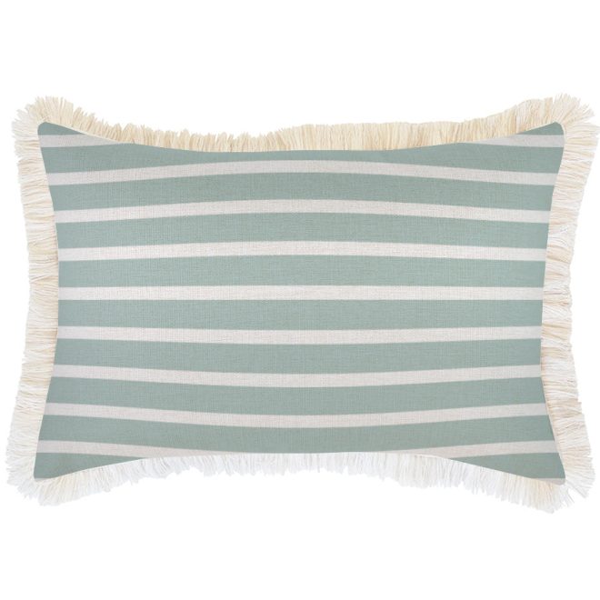 Cushion Cover-Coastal Fringe Natural-Hampton Stripe Seafoam – 35×50 cm