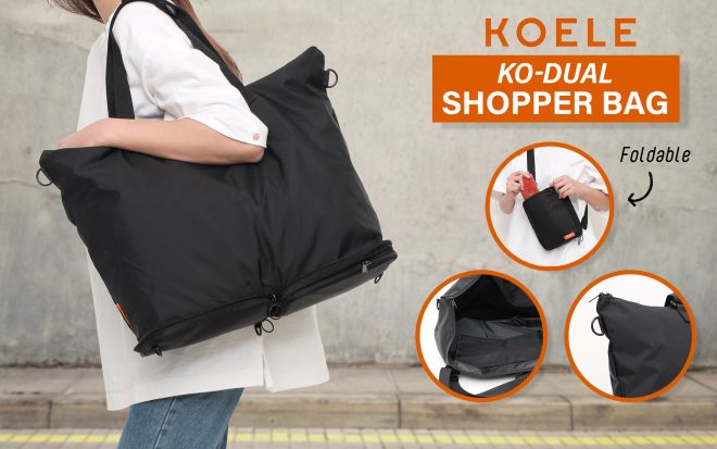 KOELE Shopper Bag Tote Bag Foldable Travel Laptop Grocery KO-DUAL – Black