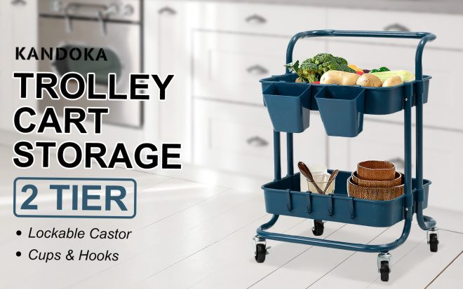 Kandoka Trolley Cart Storage Utility Rack Organiser Swivel Kitchen – Blue, 2 Tier