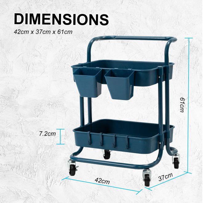 Kandoka Trolley Cart Storage Utility Rack Organiser Swivel Kitchen – Blue, 2 Tier