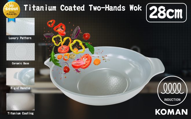 KOMAN 28cm Shinewon Two Hands Wok Ceramic Non-stick Titanium Coat – Grey, 1 x Wok