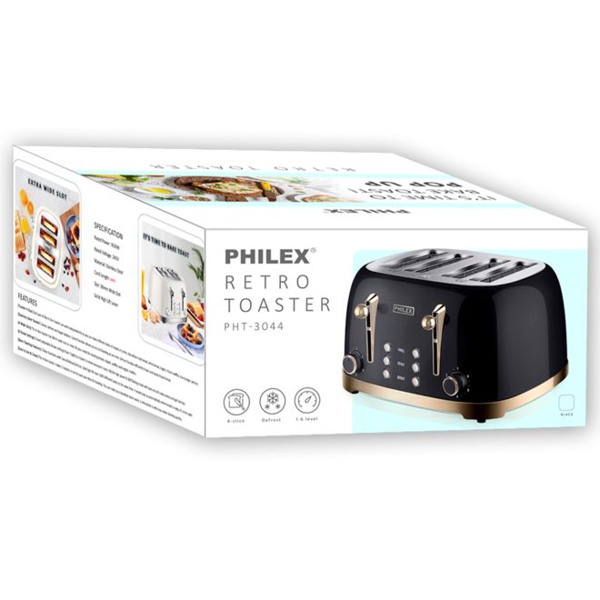 PHILEX 4-Slice Toaster Bread Reheat Retro – Black