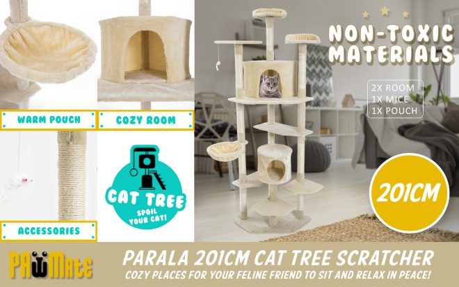 Paw Mate 201cm Cat Tree Parala Multi Level Scratcher – Beige