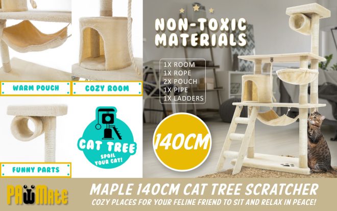 Paw Mate 140cm Cat Tree Maple Multi Level Scratcher – Beige