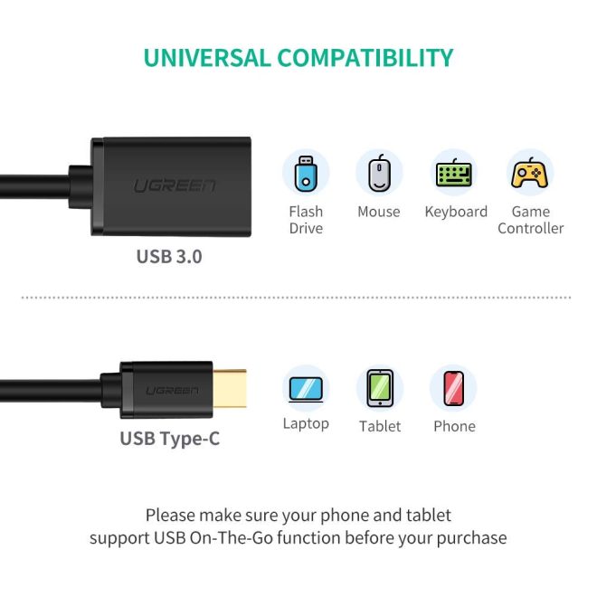 UGREEN USB Type-C Male to USB 3.0 Type A Female OTG Cable – 15CM – Black