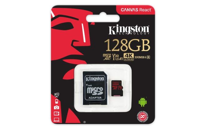 KINGSTON  Canvas React: MicroSD 128GB , 100MB/s read and 70MB/s write with SD adapter  SDCR – 128GB