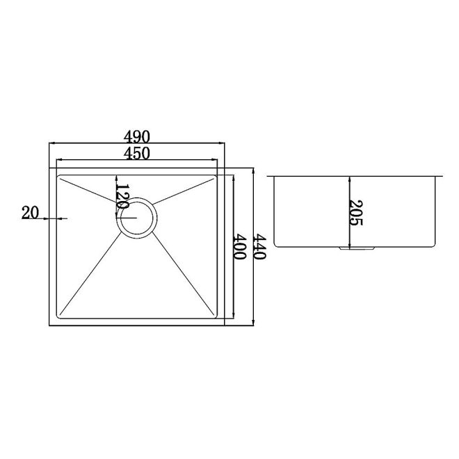 490x440mm Handmade Stainless Steel Undermount / Topmount Kitchen Laundry Sink with Waste