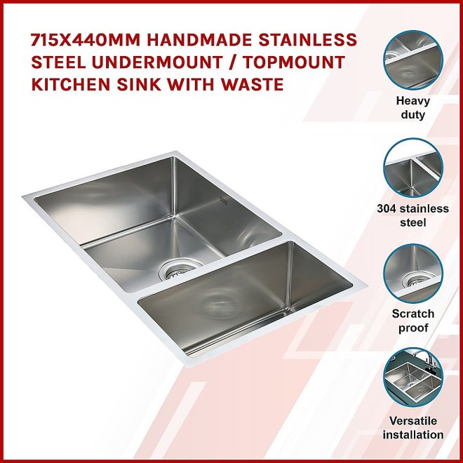 715x440mm Handmade Stainless Steel Undermount / Topmount Kitchen Sink with Waste