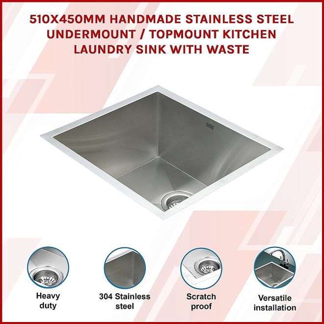 510x450mm Handmade Stainless Steel Undermount / Topmount Kitchen Laundry Sink with Waste