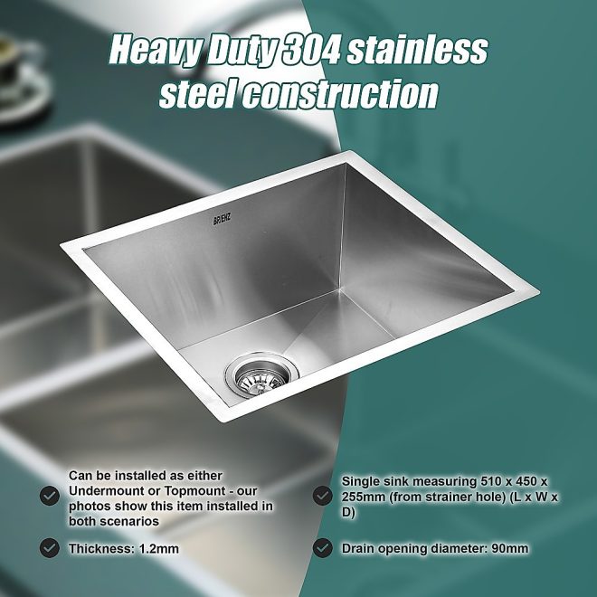 510x450mm Handmade Stainless Steel Undermount / Topmount Kitchen Laundry Sink with Waste