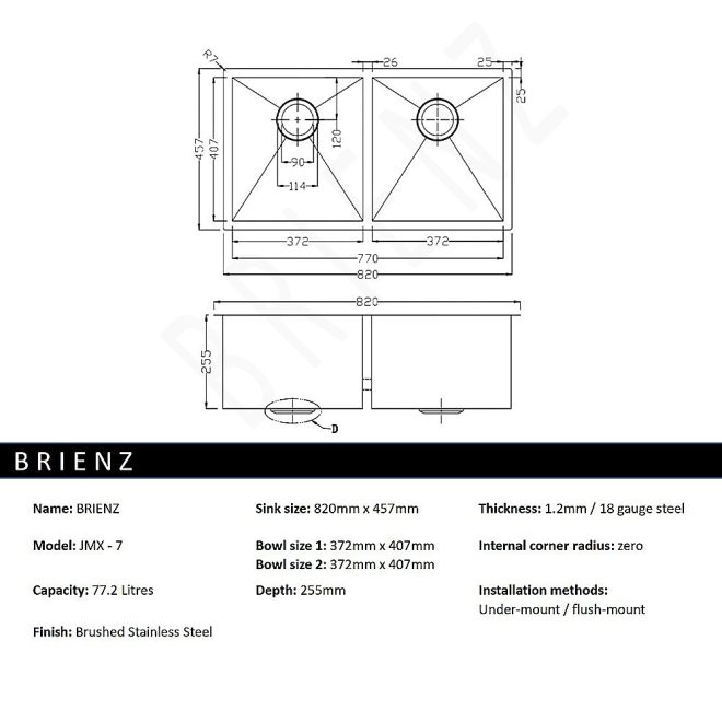 820x457mm Handmade Stainless Steel Undermount / Topmount Kitchen Laundry Sink with Waste