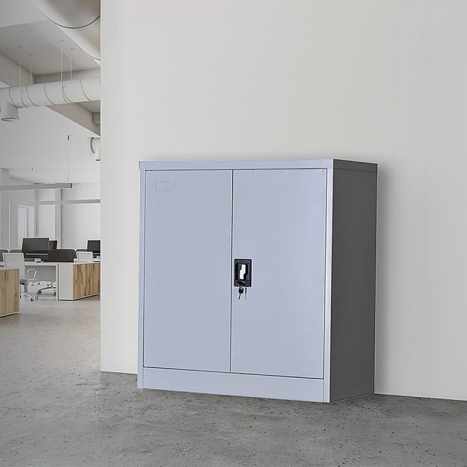 Two-Door Shelf Office Gym Filing Storage Locker Cabinet Safe – 90 x 85 x 40 cm, Grey