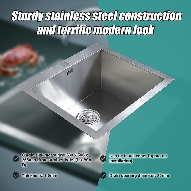 530x505mm Handmade Stainless Steel Topmount Kitchen Laundry Sink with Waste