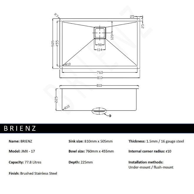 Handmade 1.5mm Stainless Steel Undermount / Topmount Kitchen Sink with Square Waste – 810 x 505 mm