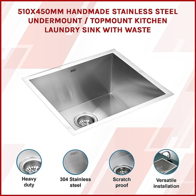 Handmade Stainless Steel Undermount / Topmount Kitchen Laundry Sink with Waste – 510 x 450 mm