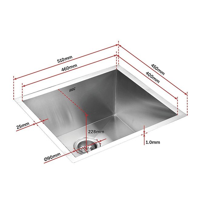 Handmade Stainless Steel Undermount / Topmount Kitchen Laundry Sink with Waste – 510 x 450 mm