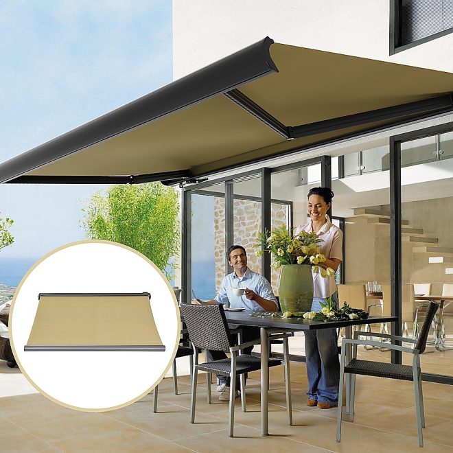 Retractable Folding Arm Awning Heavy Duty Full Cassette Motorised – 4 x 3 M, Beige