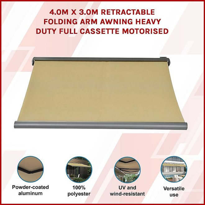 Retractable Folding Arm Awning Heavy Duty Full Cassette Motorised – 4 x 3 M, Beige