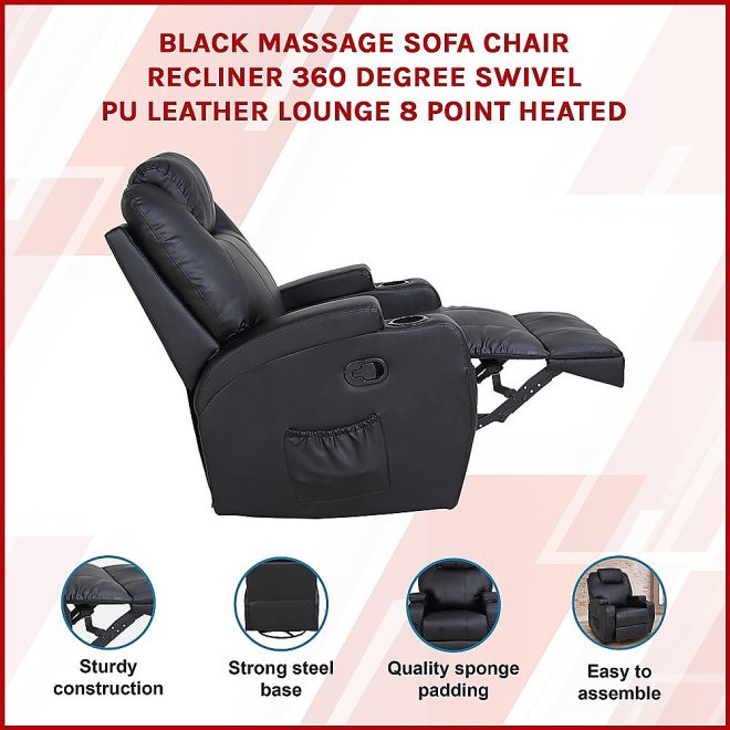 Massage Sofa Chair Recliner 360 Degree Swivel PU Leather Lounge 8 Point Heated – Black