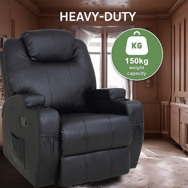 Massage Sofa Chair Recliner 360 Degree Swivel PU Leather Lounge 8 Point Heated – Black