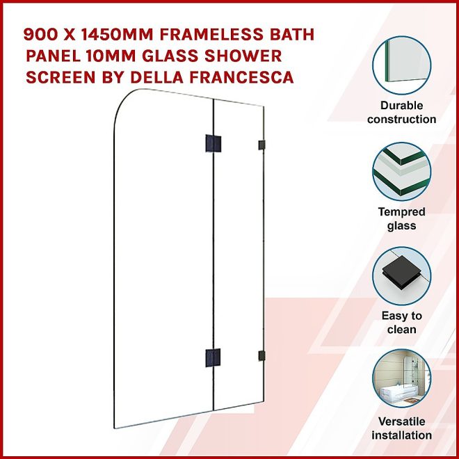 Frameless Bath Panel 10mm Glass Shower Screen By Della Francesca – 900 x 1450 mm, Black