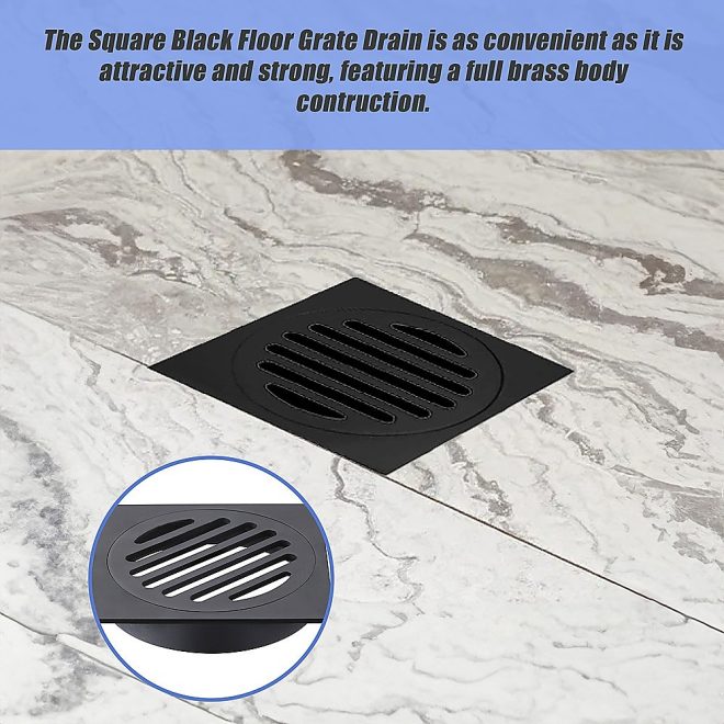 Square Black Floor Grate Drain 110 mm Full Brass Construction