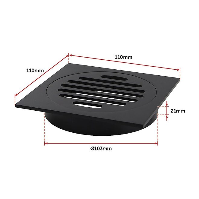 Square Black Floor Grate Drain 110 mm Full Brass Construction