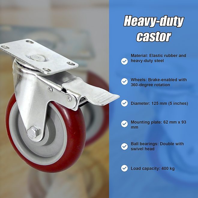 4 X 5″ Heavy Duty 400kg Swivel Castor Wheels Trolley Furniture Caster All Brake