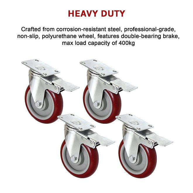 4 X 5″ Heavy Duty 400kg Swivel Castor Wheels Trolley Furniture Caster All Brake