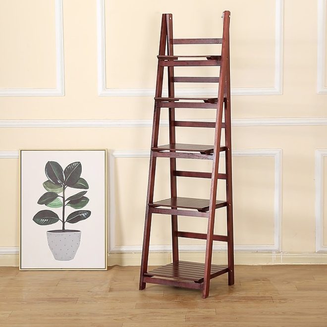 5 Tier Wooden Ladder Shelf Stand Storage Book Shelves Shelving Display Rack – Coffee