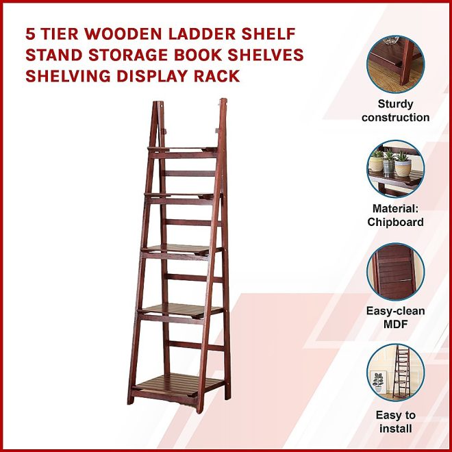 5 Tier Wooden Ladder Shelf Stand Storage Book Shelves Shelving Display Rack – Coffee