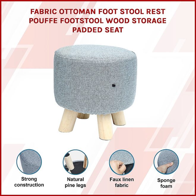 Fabric Ottoman Foot Stool Rest Pouffe Footstool Wood Storage Padded Seat – Grey