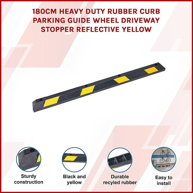 Heavy Duty Rubber Curb Parking Guide Wheel Driveway Stopper Reflective Yellow – 180 cm