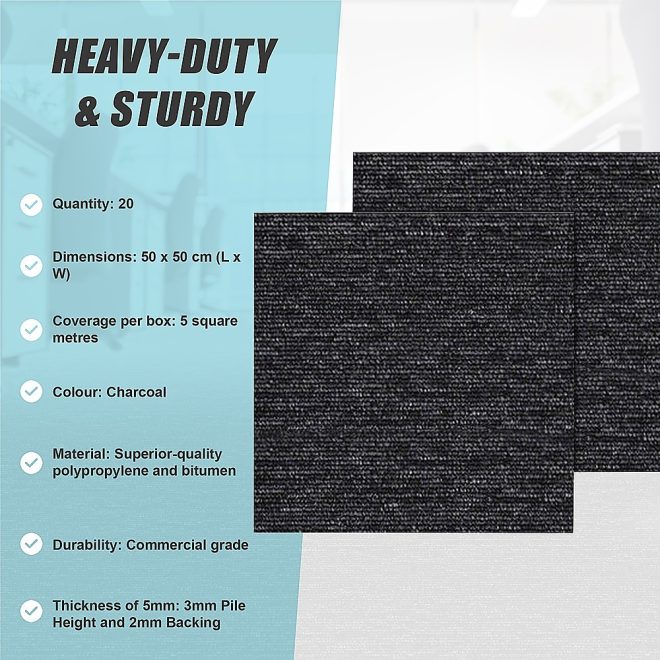 5m2 Box of Premium Carpet Tiles Commercial Domestic Office Heavy Use Flooring – Black