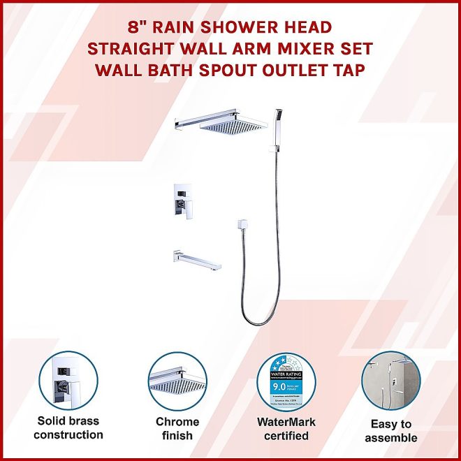 8″ Rain Shower Head Straight Wall Arm Mixer Set Wall Bath Spout Outlet Tap