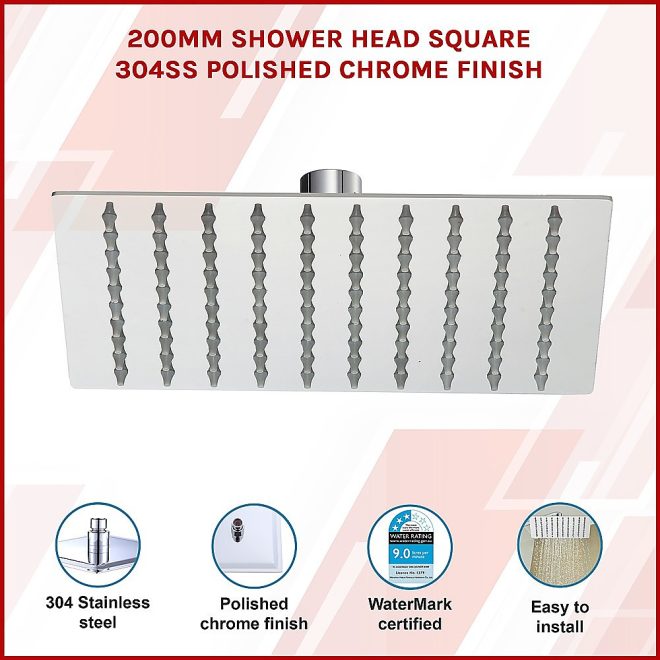 Shower Head Square 304SS Polished Chrome Finish – 200 x 200 mm, Chrome