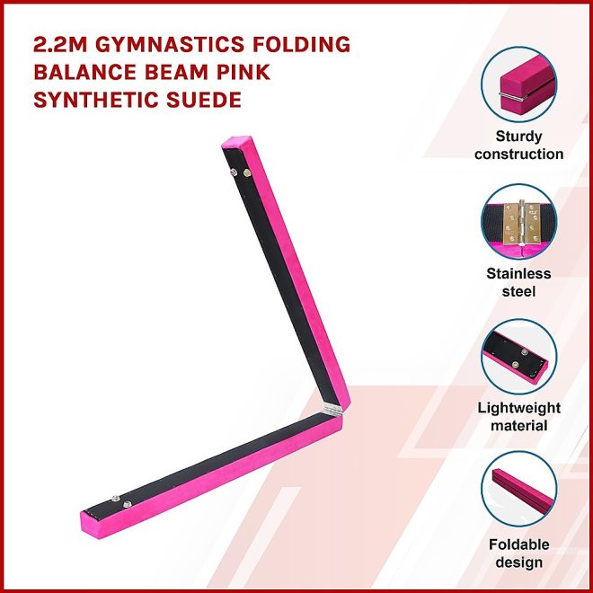 2.2m Gymnastics Folding Balance Beam Synthetic Suede – Pink