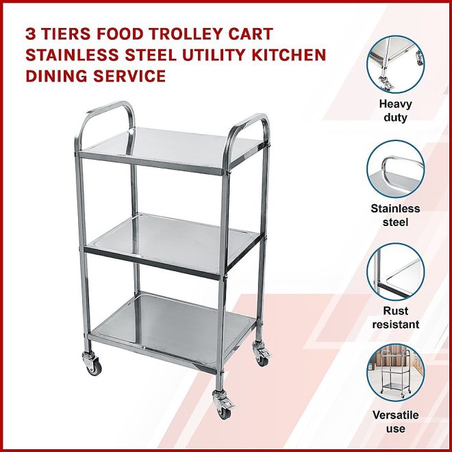 3 Tiers Food Trolley Cart Stainless Steel Utility Kitchen Dining Service