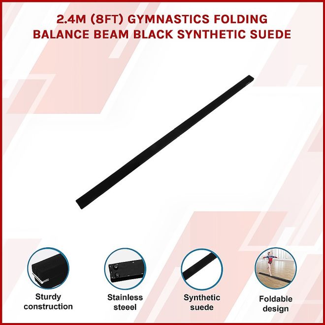 2.4m (8FT) Gymnastics Folding Balance Beam Black Synthetic Suede – Black