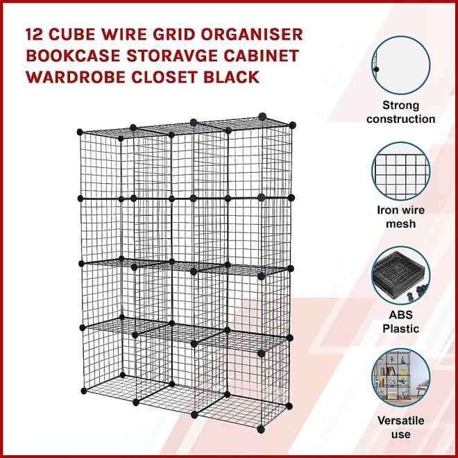 12 Cube Wire Grid Organiser Bookcase Storage Cabinet Wardrobe Closet – Black